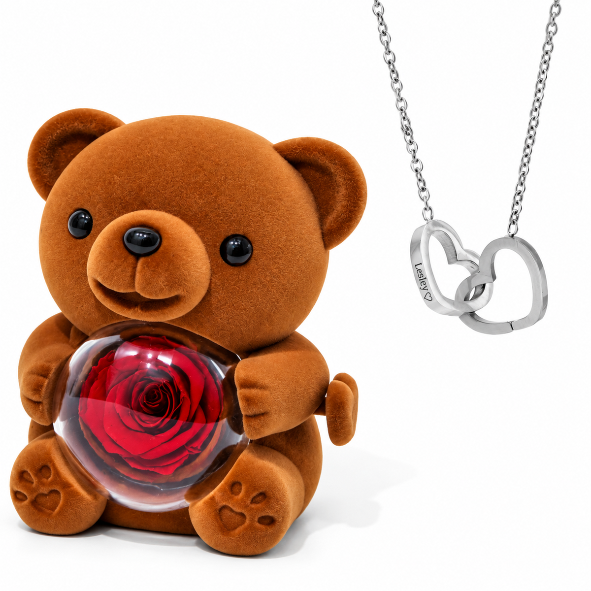 Soft Eternal Rose Bear / Engraved Necklace