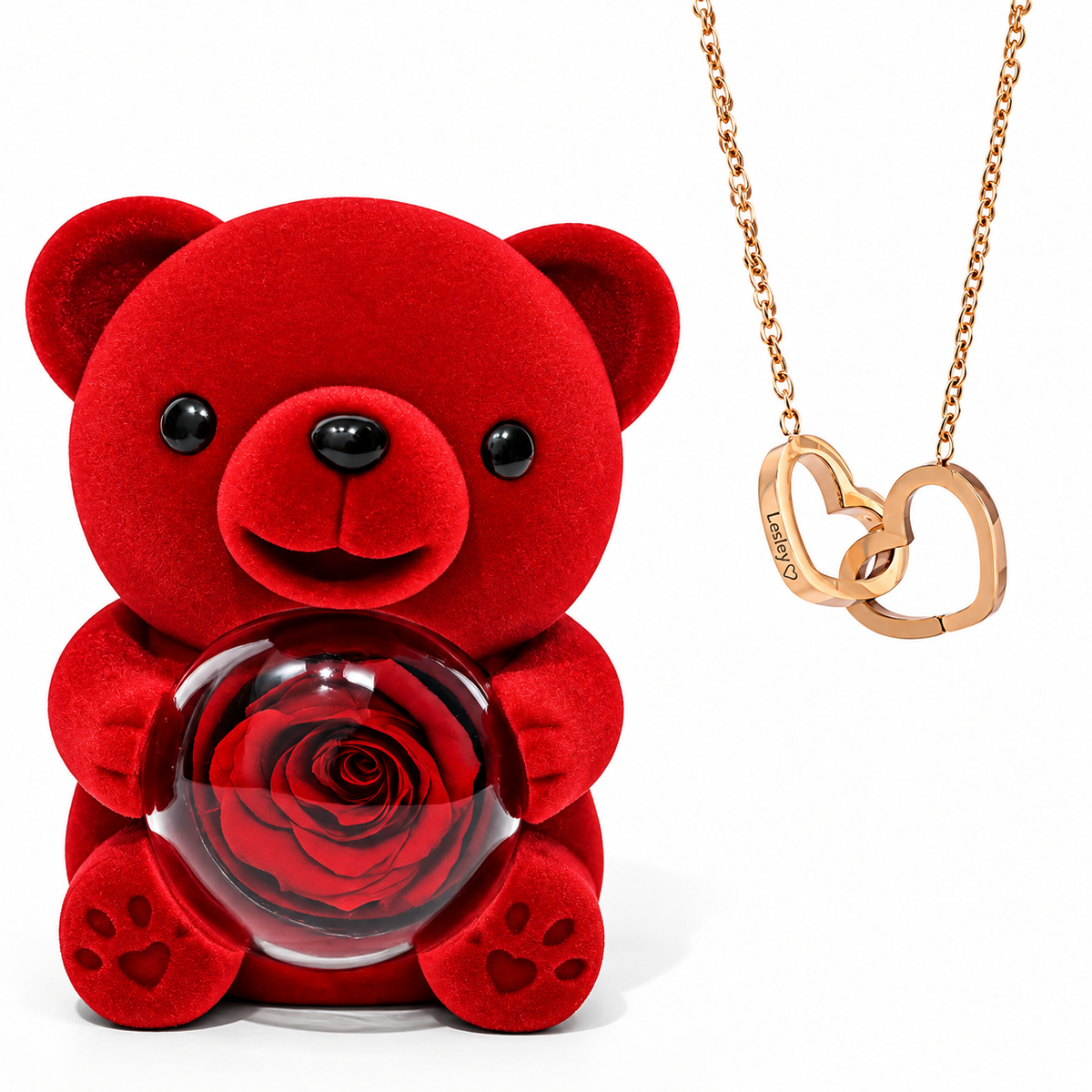 Soft Eternal Rose Bear / Engraved Necklace