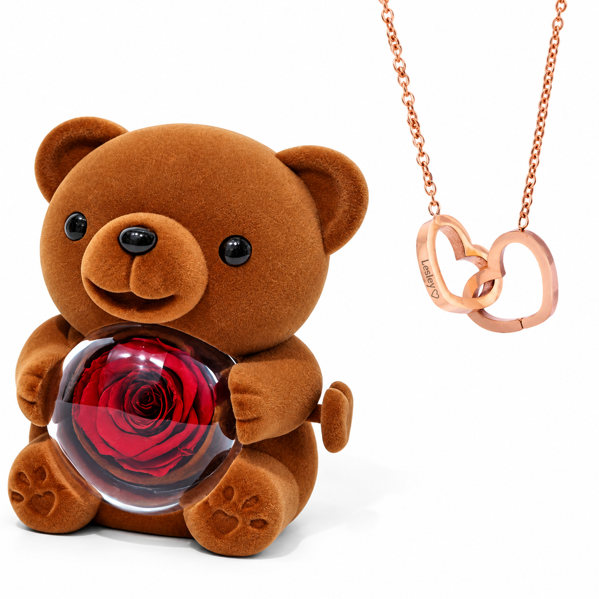 Soft Eternal Rose Bear / Engraved Necklace