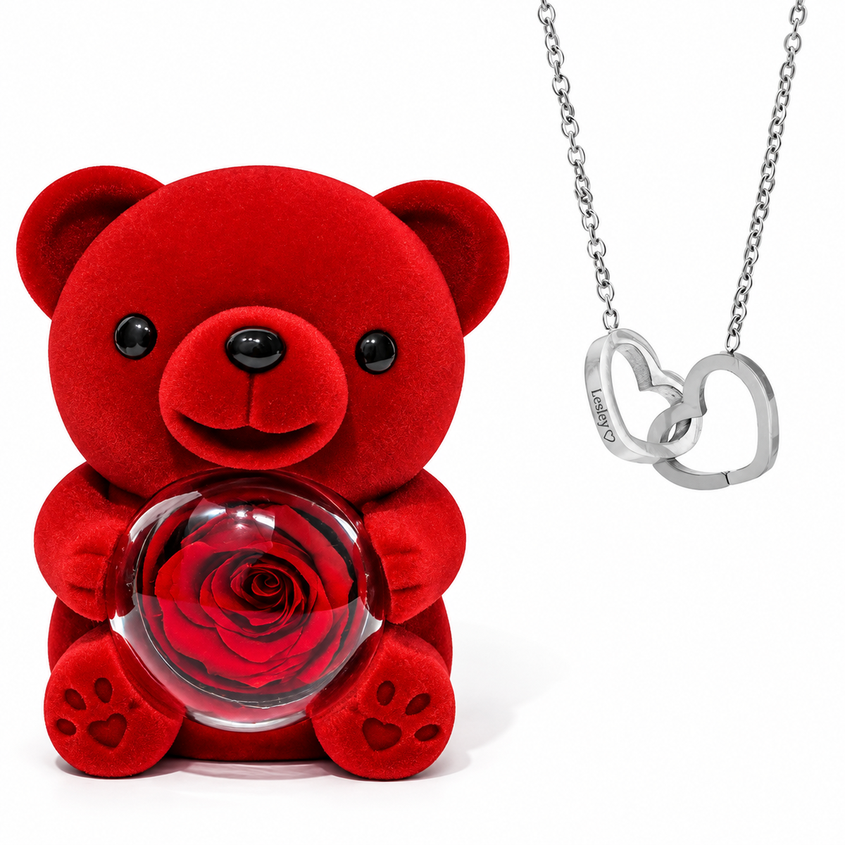 Soft Eternal Rose Bear / Engraved Necklace