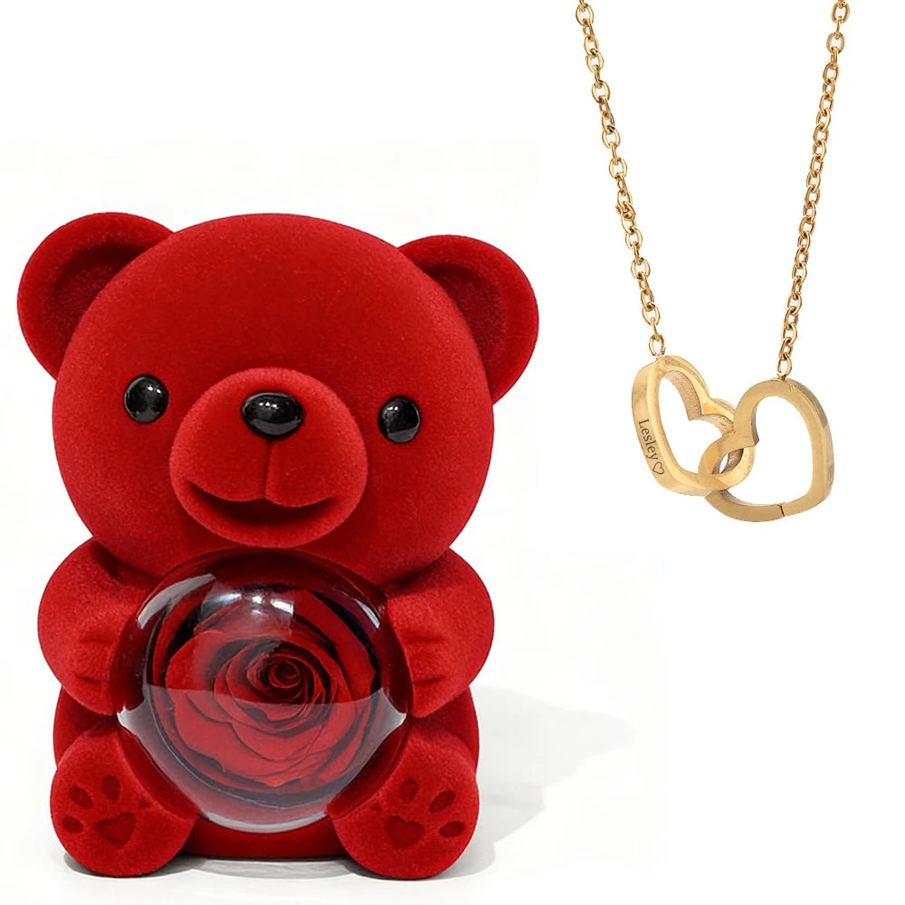 Soft Eternal Rose Bear / Engraved Necklace
