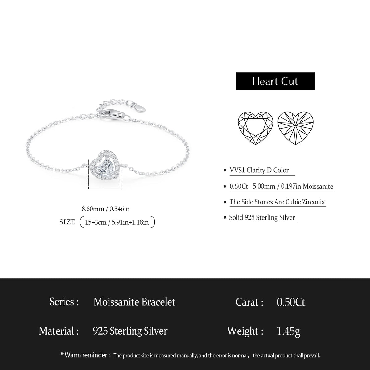 925 Sterling Silver Elegant 1Ct Heart